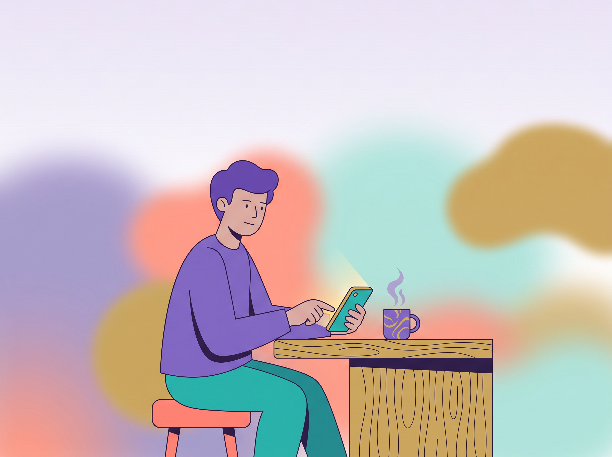 A person calmly typing a message at a kitchen counter