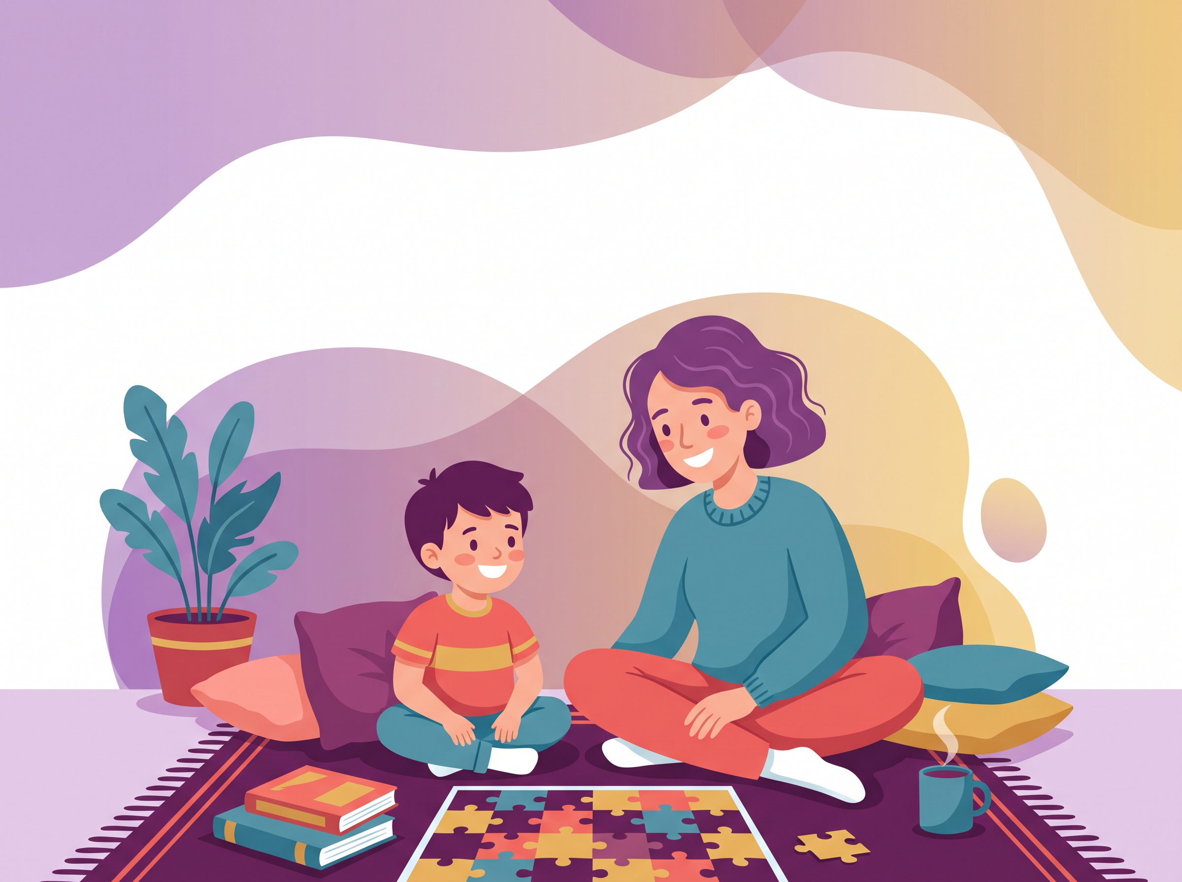 A parent and child sitting on the floor with a puzzle and a picture book