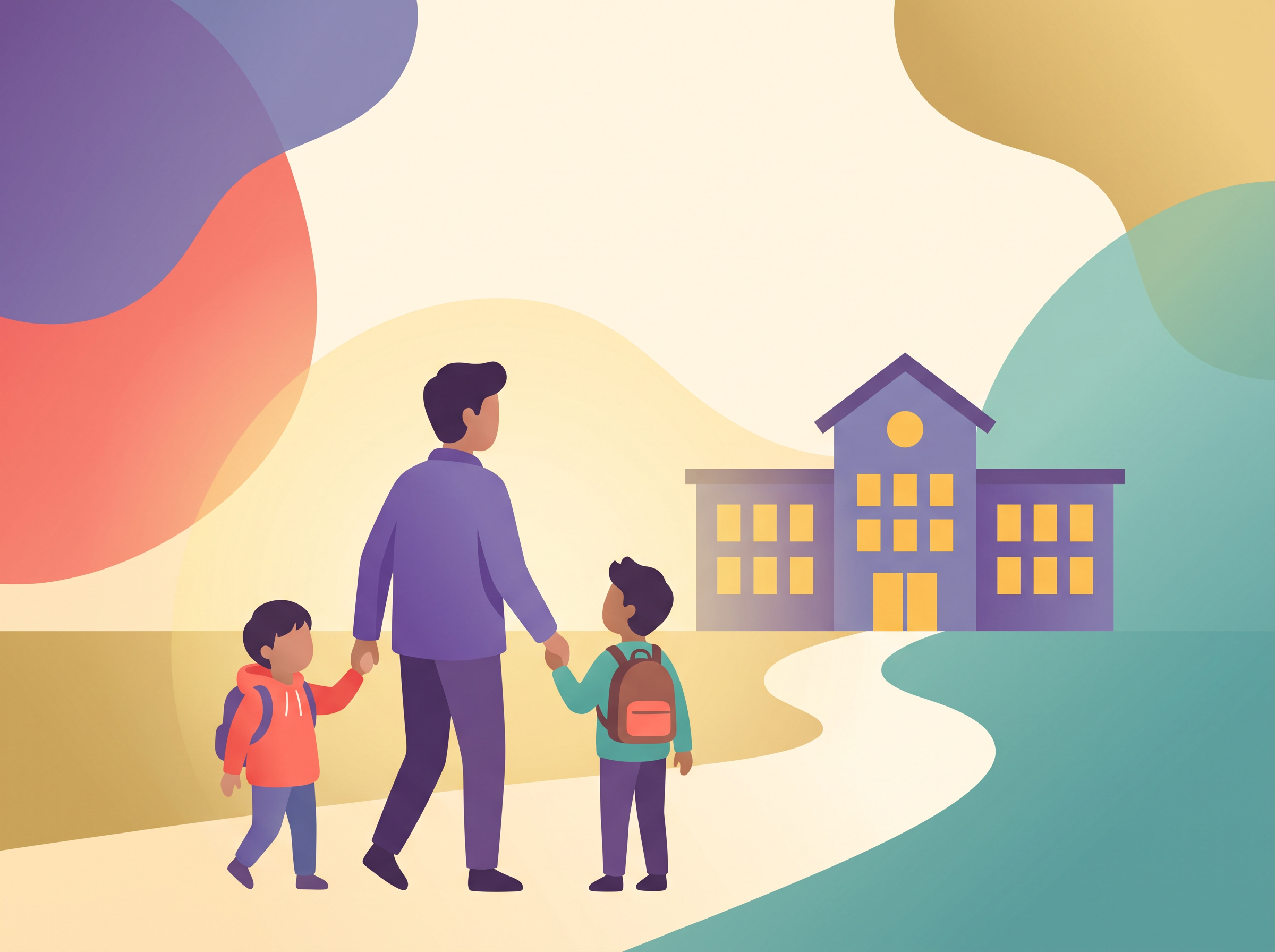 A parent walking two children to school